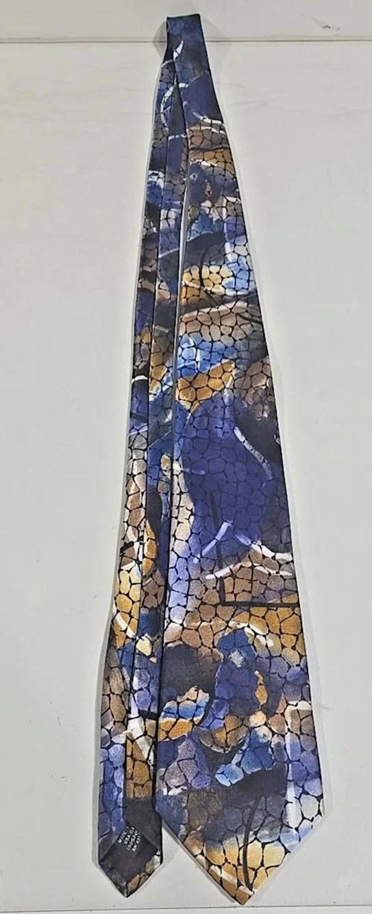 Oleg Cassini Blue Gold Abstract Floral Men's Tie Made USA